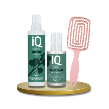 IQ Intelligent Haircare 10 In 1 Treatment Spray 250ml and IQ Hair Serum 75ml with Detangling Hair Brush