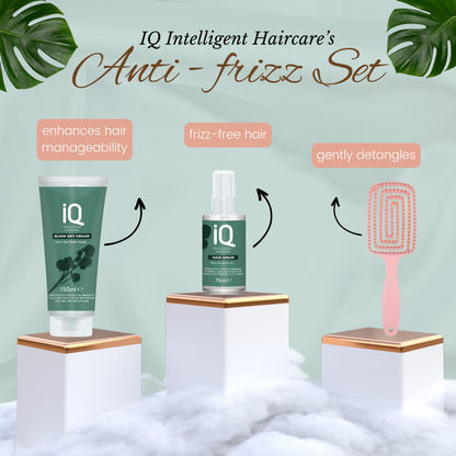 IQ Intelligent Haircare Blow Dry Cream 150ml and Hair Serum 75ml with Detangling Hair Brush