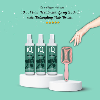 IQ Intelligent Haircare 10-in-1 Treatment Spray 250ml x 3 with Detangling Hair Brush