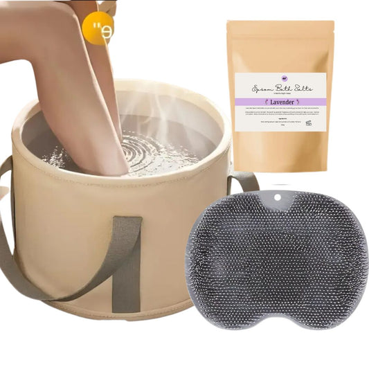 SOOTHING FOOT SPA BUNDLE - Collapsible Foot Soak Tub, Lavender Bath Salts, and Shower Foot Scrubber Bundle