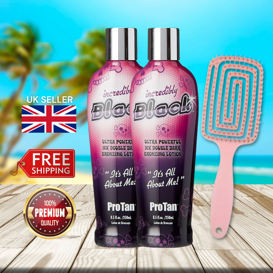 2 x Pro Tan Incredibly Black 10X Double Dark Bronzing Lotion 250ml + Hair Brush