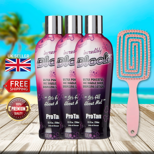3 x Pro Tan Incredibly Black 10X Double Dark Bronzing Lotion 250ml + Hair Brush
