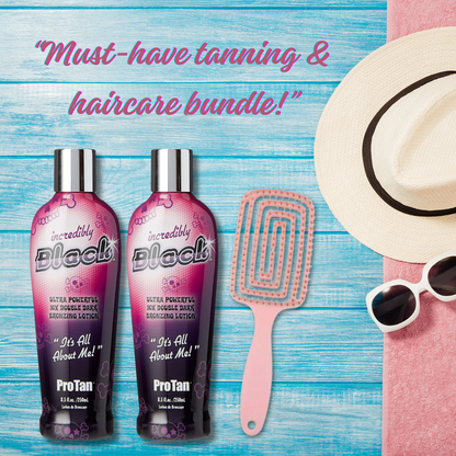 2 x Pro Tan Incredibly Black 10X Double Dark Bronzing Lotion 250ml + Hair Brush