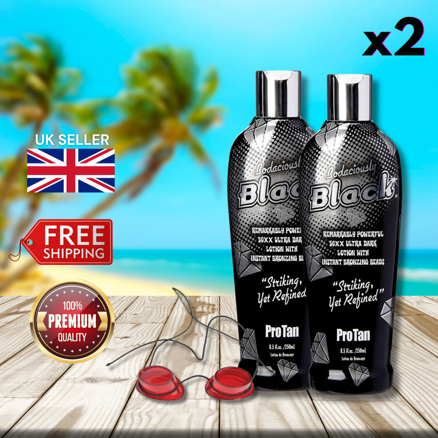 2 x Pro Tan Bodaciously Black 50XX  Remarkably Powerful Lotion 250ml + Goggles