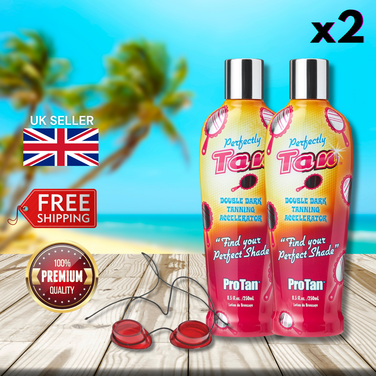 2 x Pro Tan Perfectly Tan Tanning Accelerator 250ml + Sunbed Goggles