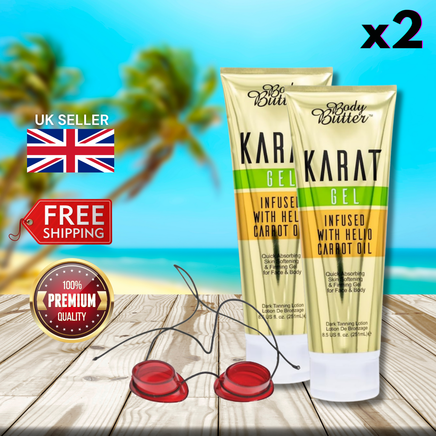 2 x Body Butter Karat Gel Infused with Helio Carrot Oil 251ml + Sunbed Goggles