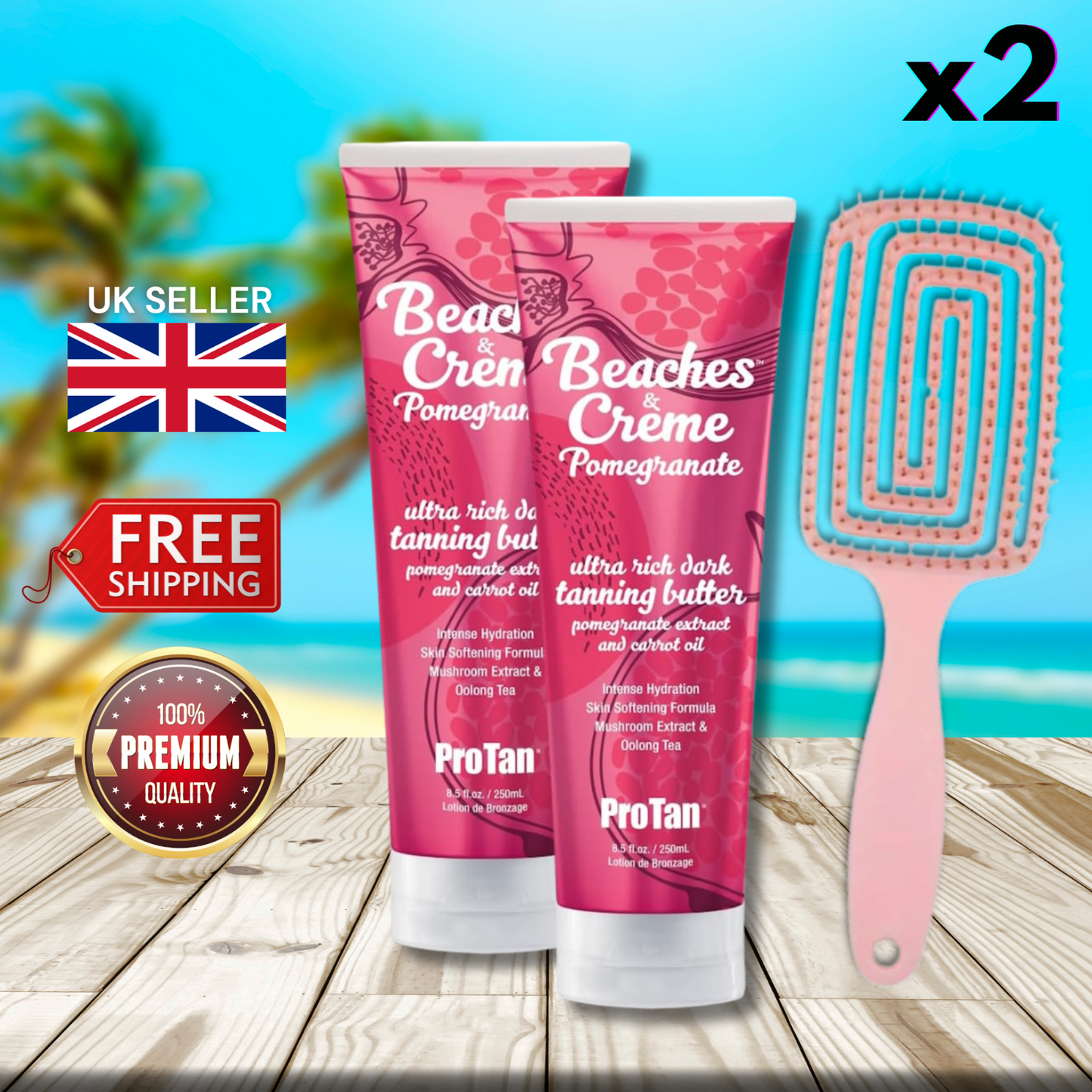2 x Pro Tan Beaches and Creme Pomegranate Ultra Rich Tanning 250ml + Hair Brush