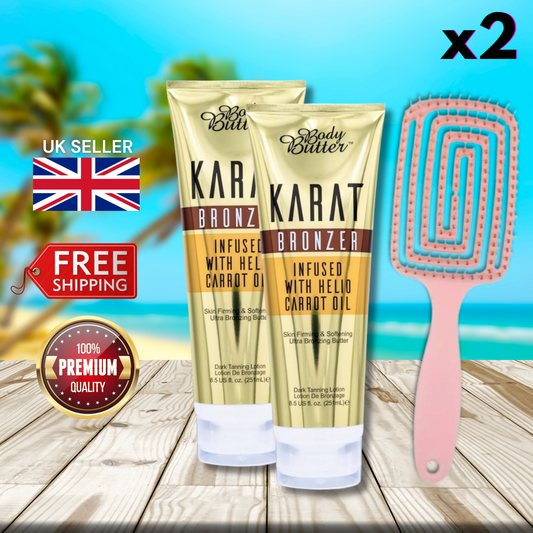 2 x Body Butter Karat Bronzer  Infused with Helio Carrot Oil 251ml + Hair Brush
