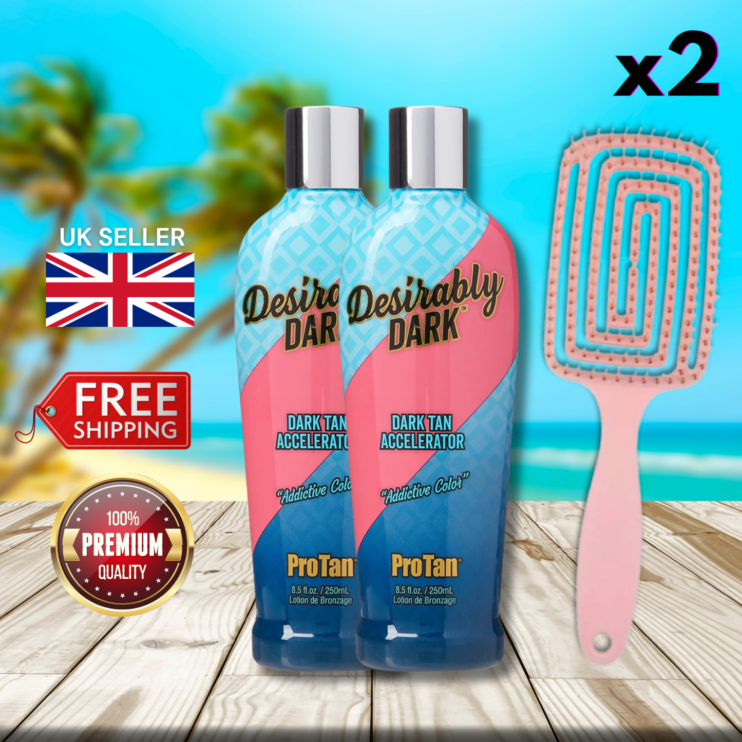 2 x Pro Tan Desirably Dark Tanning Accelerator 250ml + Detangling Hair Brush
