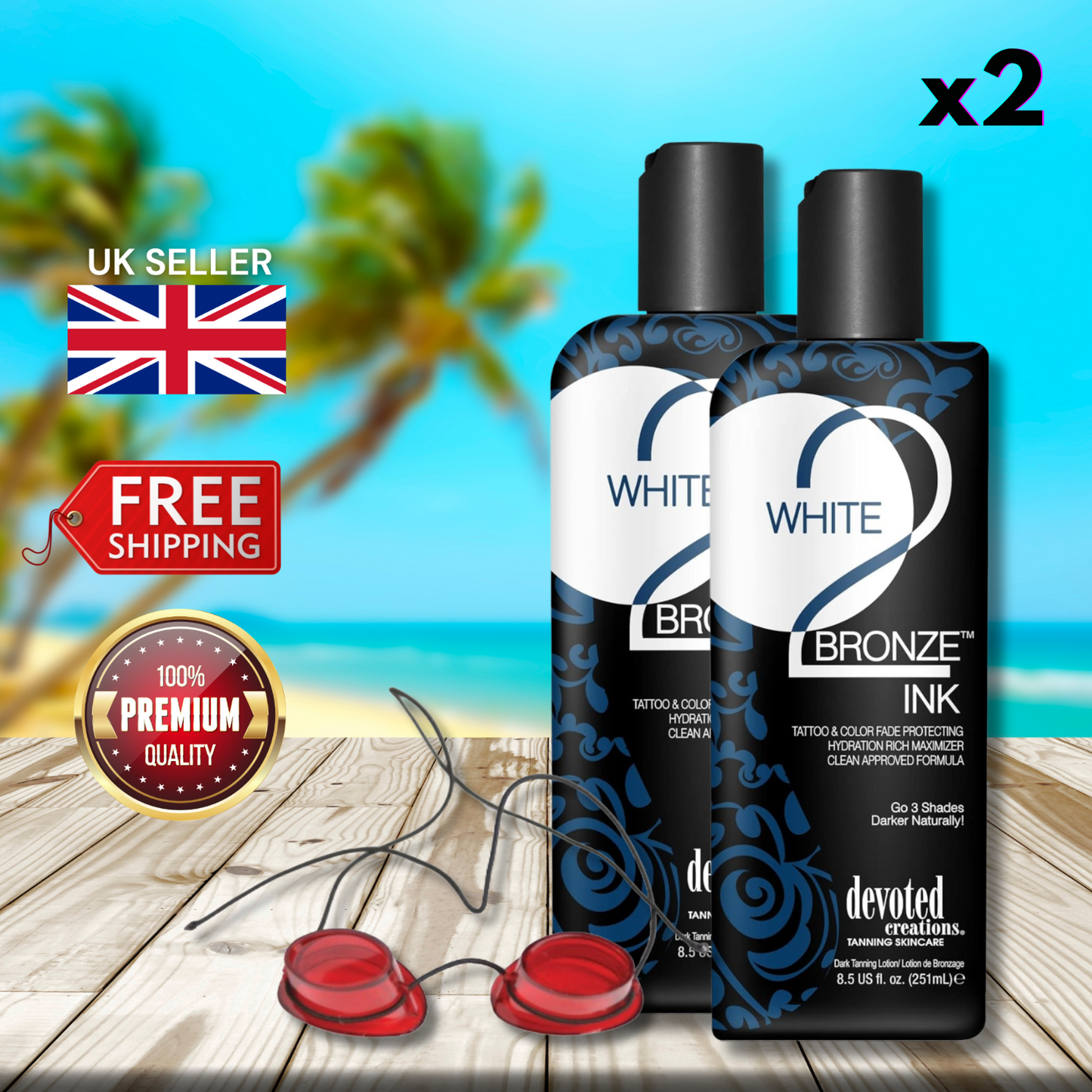 2 x Devoted Creations White 2 Bronze Ink 251ml + Sunbed Goggles