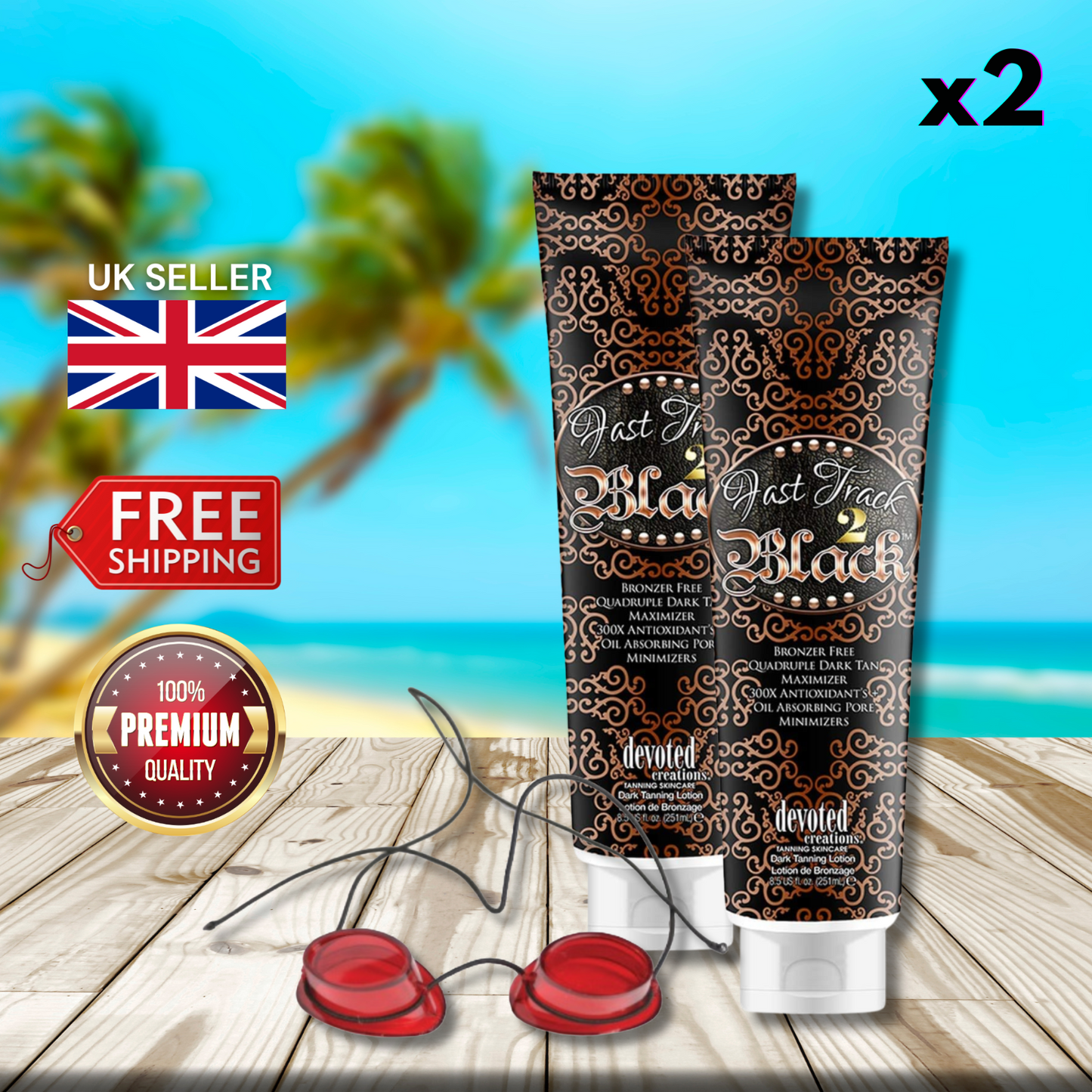 2 x Devoted Creations Fast Track 2 Black 251ml + Sunbed Goggles