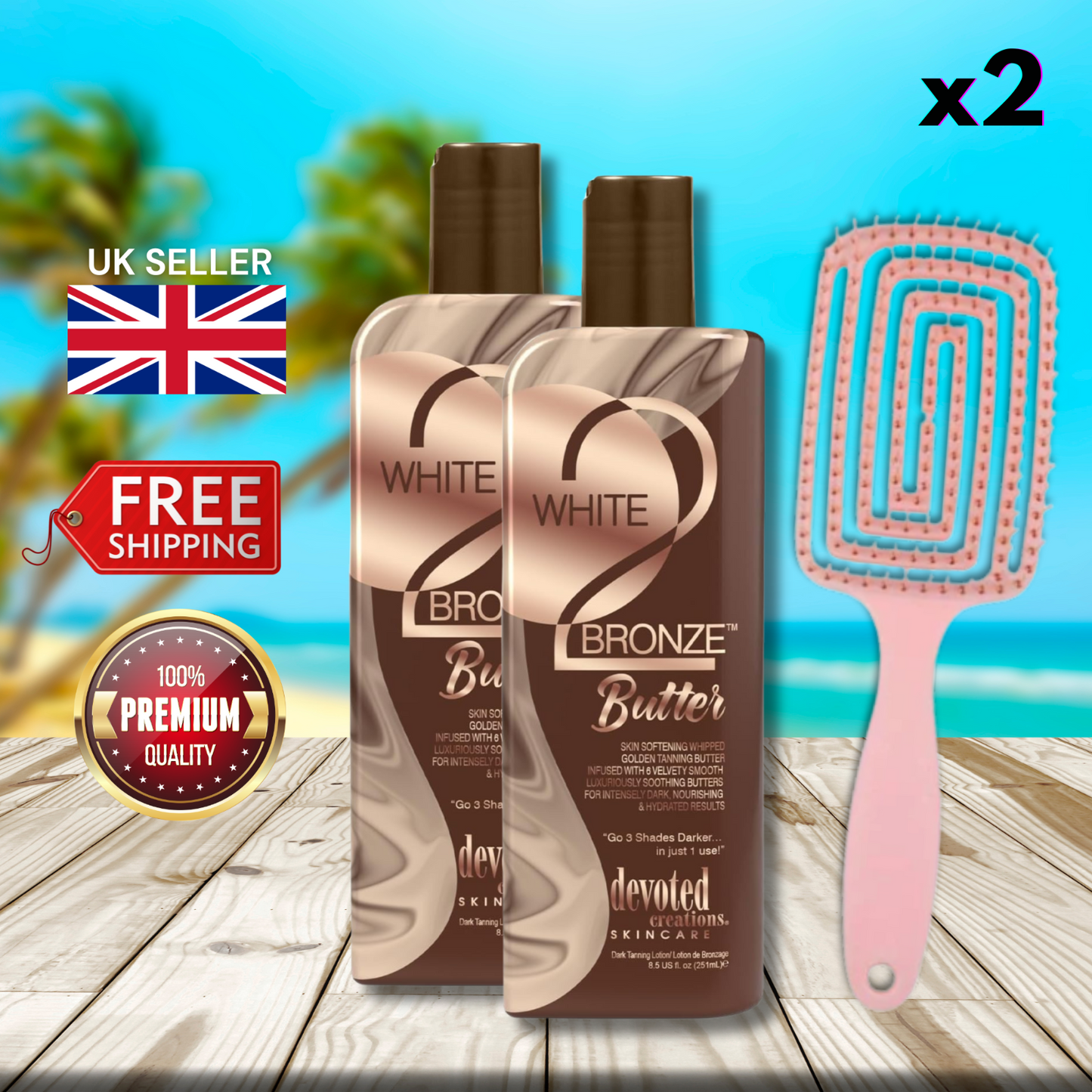 2 x Devoted Creations White 2 Bronze Butter 251ml + Hair Brush Bundle