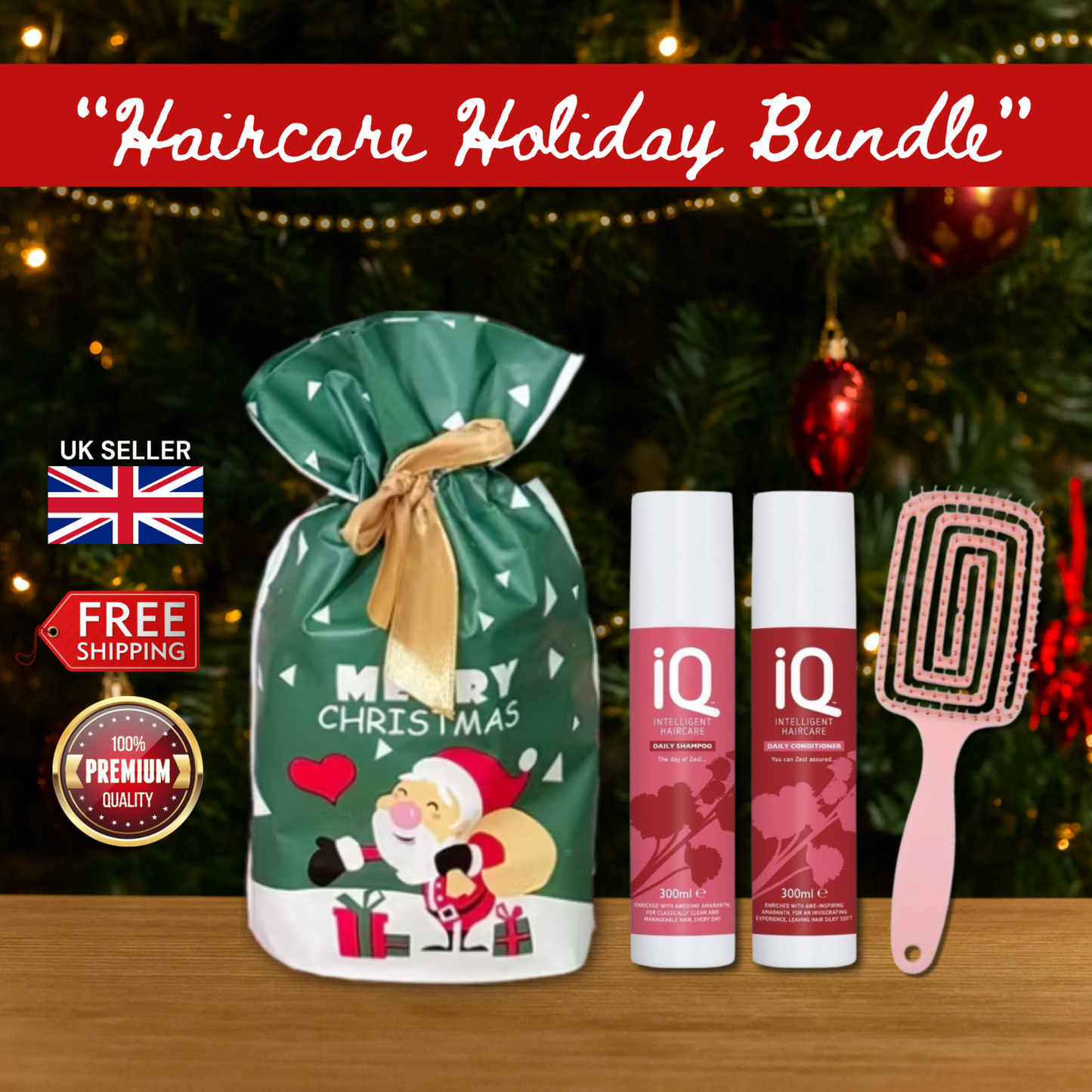 IQ Daily Shampoo & Conditioner 300ml with Hair Brush + Christmas Gift Bag Holiday Set 🎁