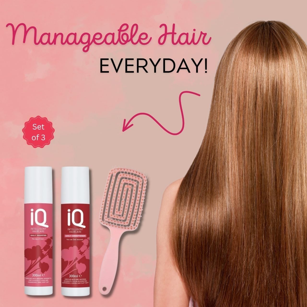 IQ Daily Shampoo & Conditioner 300ml with Hair Brush + Christmas Gift Bag Holiday Set 🎁