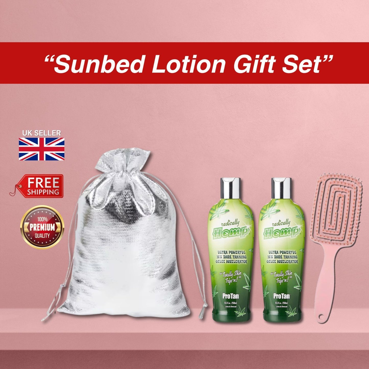 2x Pro Tan Radically Hemp Sunbed Lotion 250ml with Hair Brush + Gift Bag Set 🎁
