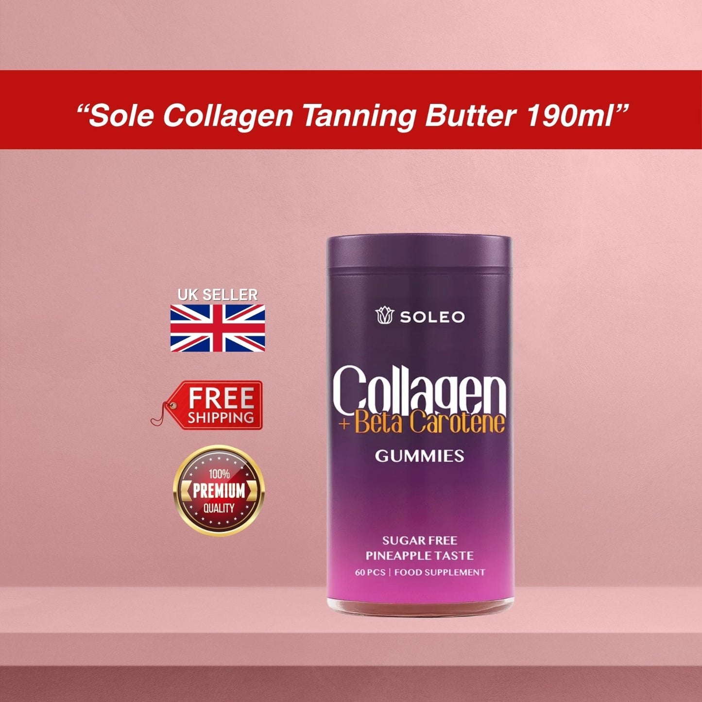 Soleo Collagen Gummies w/ Beta Carotene Tan Prep Food Supplement (Jar of 60)