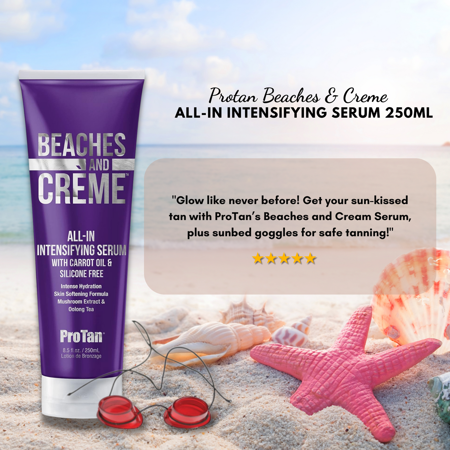 Pro Tan Beaches and Creme All-In Intensifying Serum 250ml with Sunbed Goggles