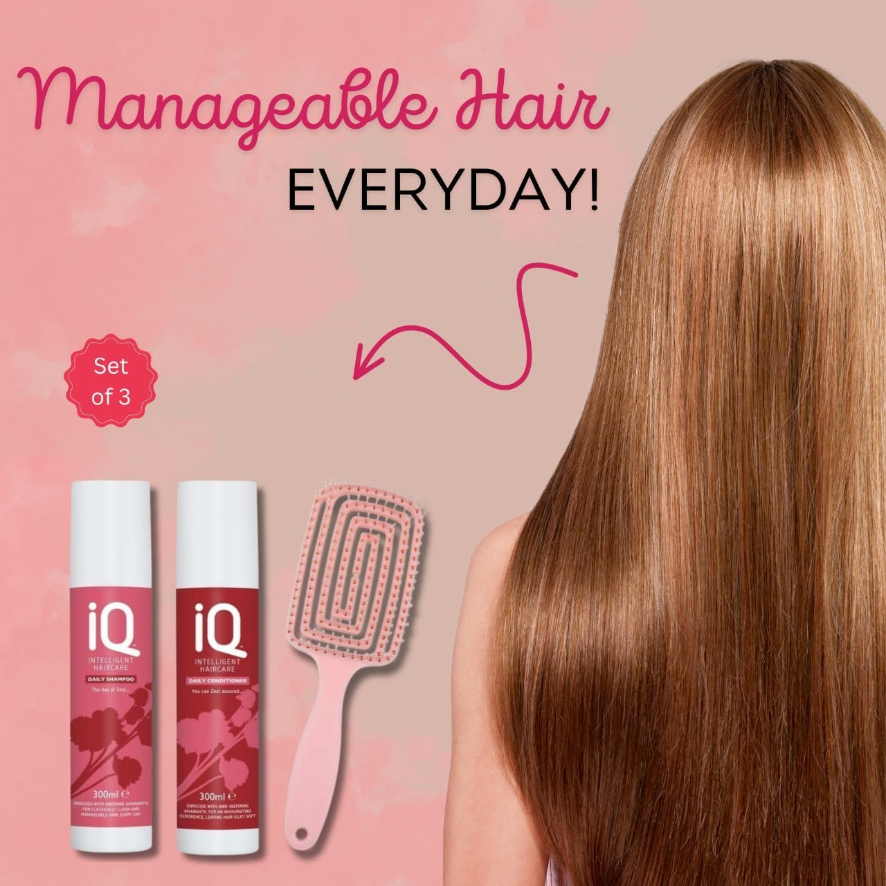 IQ Intelligent Haircare Daily Shampoo and Conditioner Set 300ml with Detangling Hair Brush