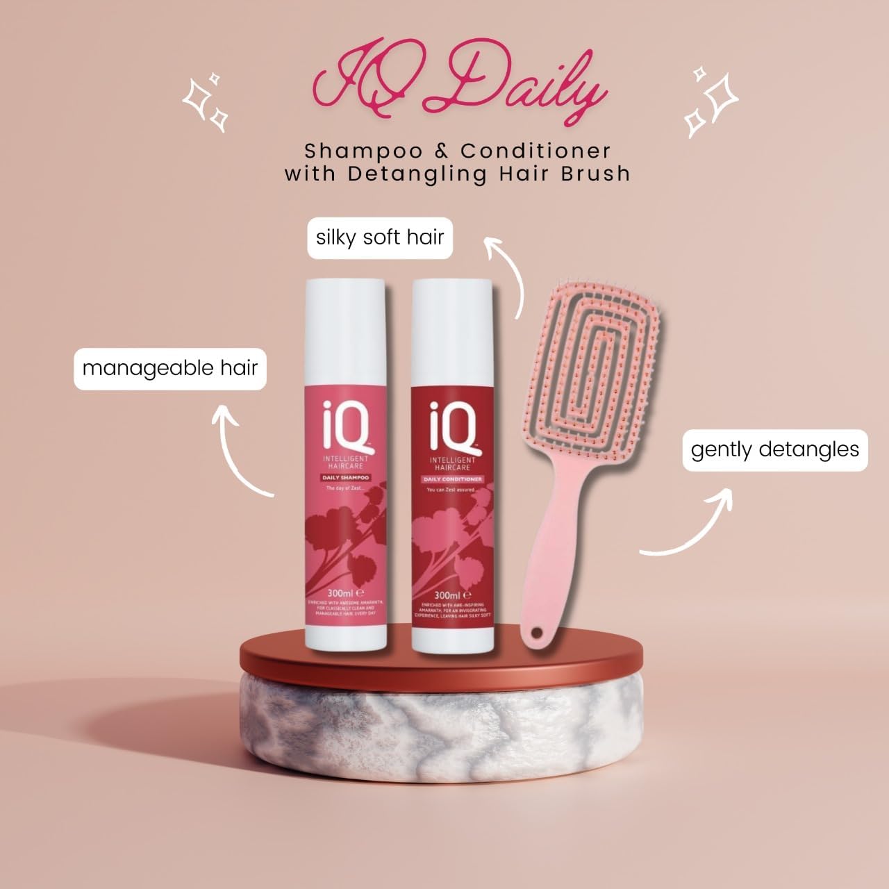 IQ Intelligent Haircare Daily Shampoo and Conditioner Set 300ml with Detangling Hair Brush