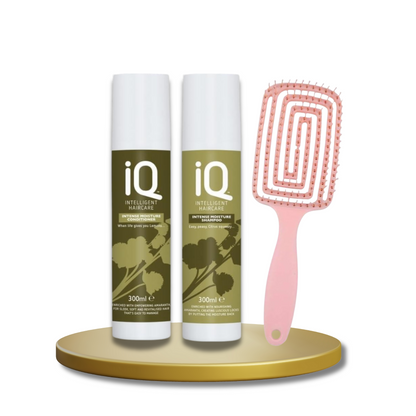 IQ Intelligent Haircare Intense Moisture Shampoo 300ml and Conditioner 300ml Set with Detangling Brush