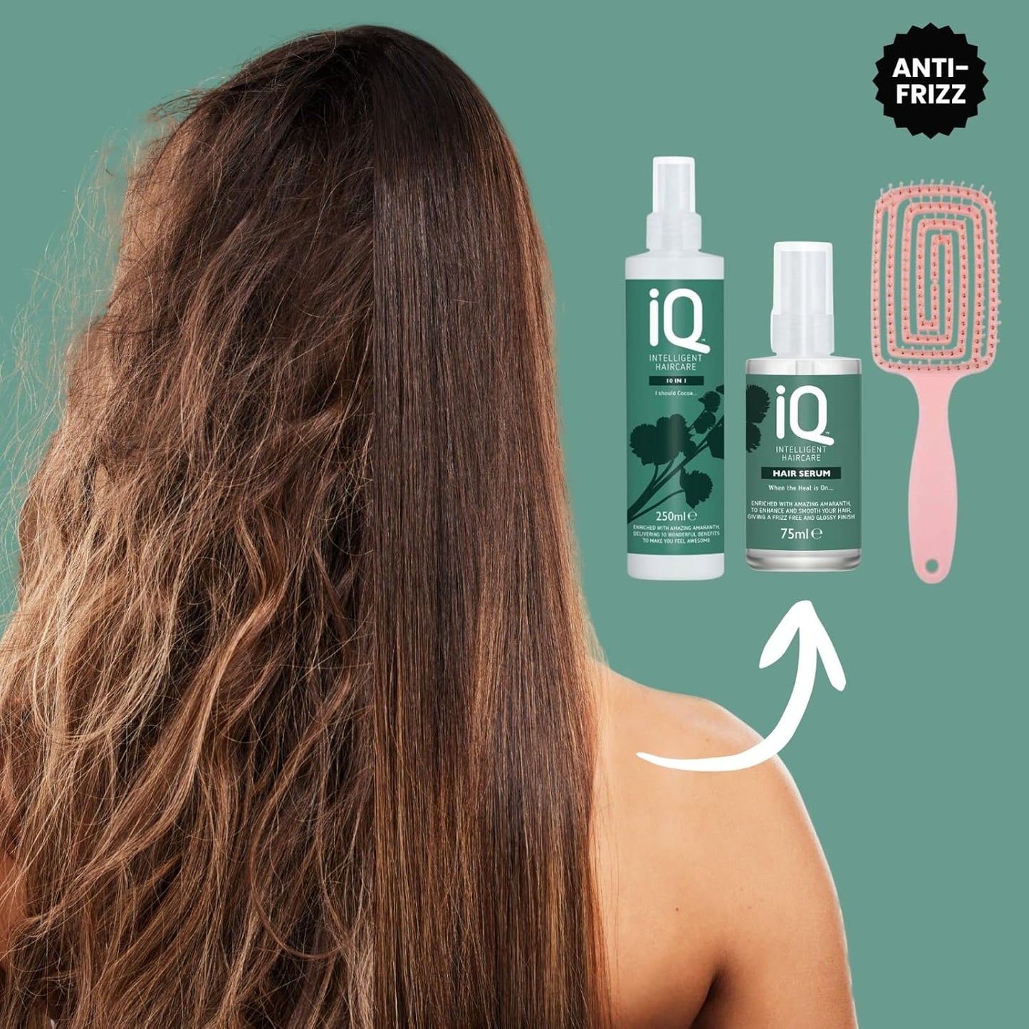 IQ Intelligent Haircare 10 In 1 Treatment Spray 250ml and IQ Hair Serum 75ml with Detangling Hair Brush