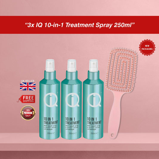 IQ Intelligent Haircare 10-in-1 Treatment Spray 250ml x 3 with Detangling Hair Brush